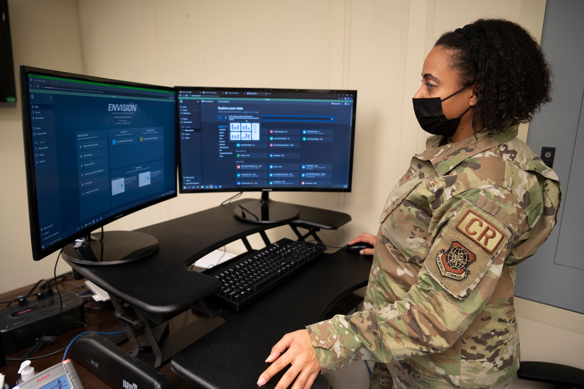 U.S. Air Force Staff Sgt. Crystal Reese, 621st Contingency Response Wing plans & programs wing operational controller, reviews training information in Envision, the wing’s new readiness tracking tool, Feb. 1, 2022, at Joint Base McGuire-Dix-Lakehurst, New Jersey. Envision is the result of Project Brown Heron, a headquarters Air Force collaboration aimed at addressing the unique readiness requirements of the Air Force’s only contingency response wing. (U.S. Air Force photo by Tech. Sgt. Luther Mitchell)