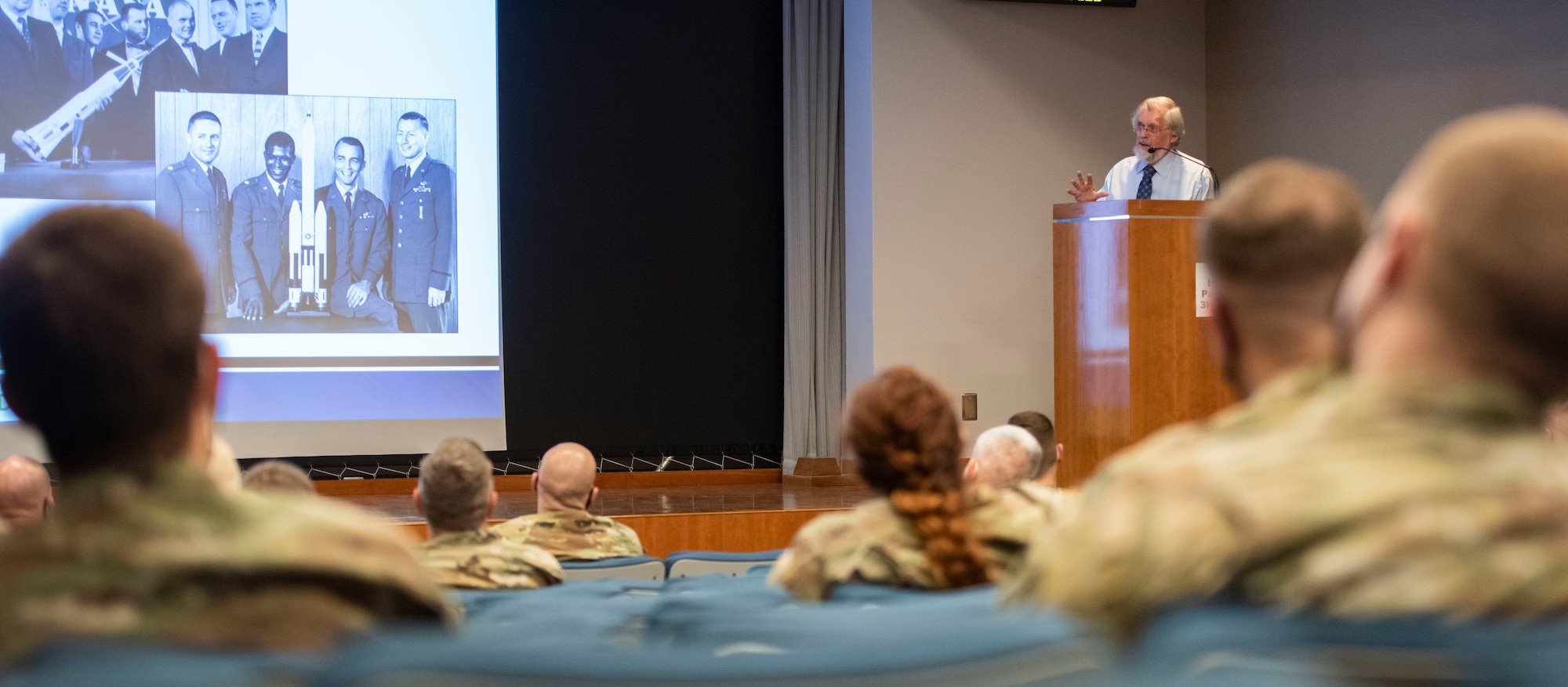 Dr. Rick Sturdevant, Space Training and Readiness Command Historian, delivers a lecture on the history of space operations at Peterson Space Force Base, Colorado, Jan. 24, 2022.  Sturdevant entered civilian service with Air Force Space Command, the immediate predecessor of the U.S. Space Force, in the 1980s (U.S. Space Force photo by Dave Grim).