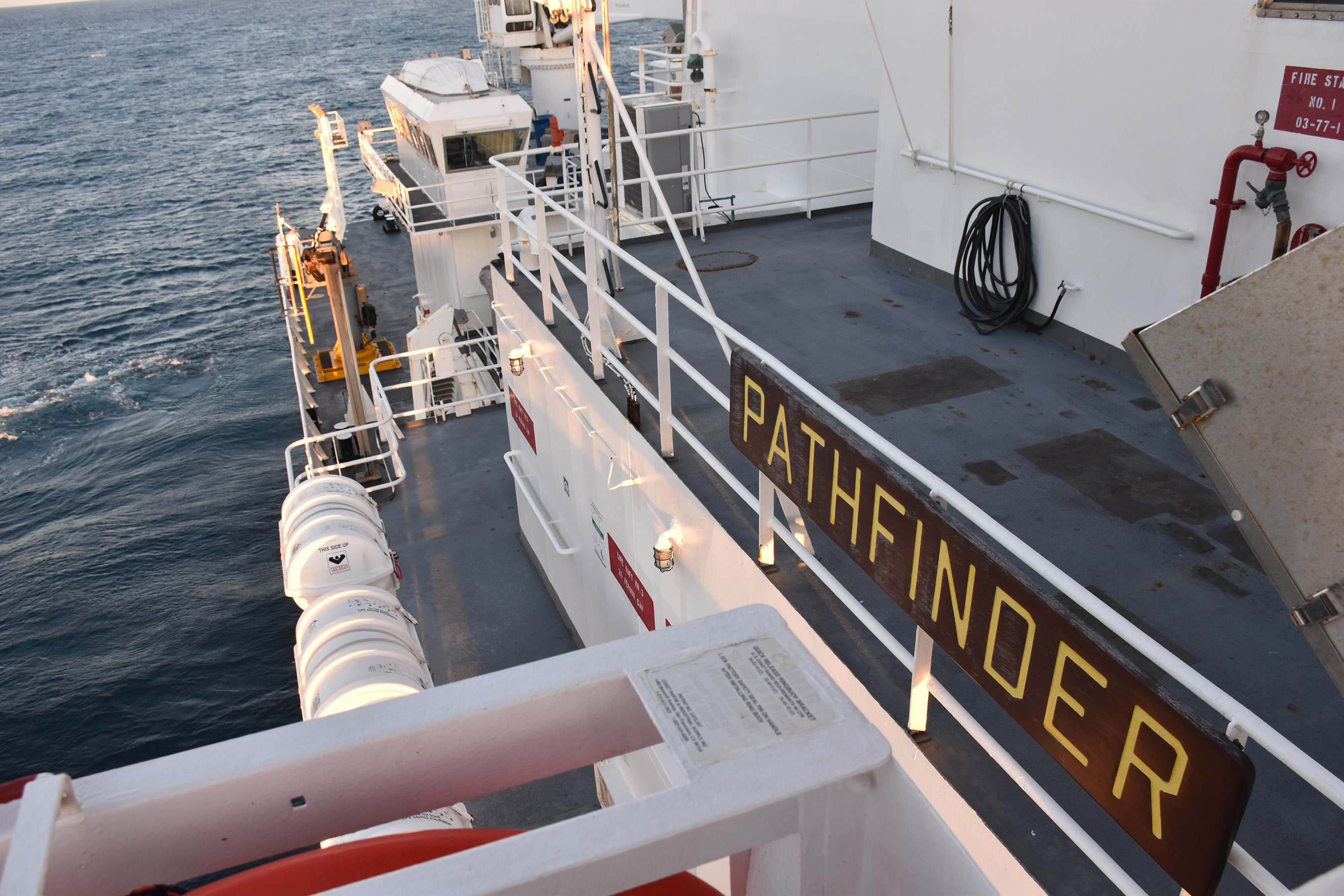 Sailors from U.S. Naval Meteorology and Oceanography Command and staff from Naval Oceanographic Office embarked on Military Sealift Command oceanographic survey ship USNS Pathfinder (T-AGS 60) for training and a familiarization underway. The Pathfinder is the oldest of six ships in the Pathfinder Class, and is named for Matthew Fontaine Maury, "Pathfinder of the Seas" and "Father of Modern Oceanography and Naval Meteorology." The ship was delivered to the Navy in October of 1994 and has completed over 250 survey missions. U.S. Naval Meteorology and Oceanography Command (NMOC) directs and oversees more than 2,500 globally-distributed military and civilian personnel who collect, process and exploit environmental information to assist Fleet and Joint Commanders in all warfare areas to make better decisions faster than the adversary. (US Navy photo by LT Bobby Dixon / Released)