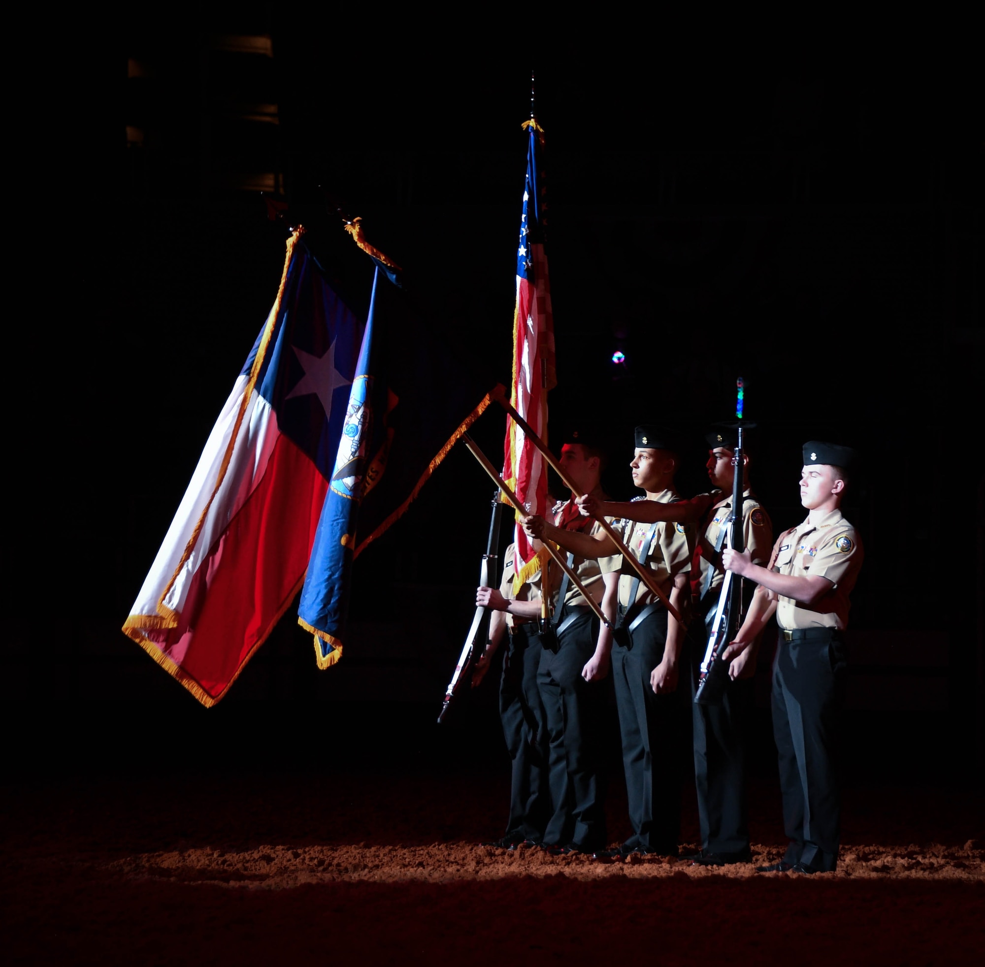 U.S. Navy JROTC cadets from Joshua High School, Joshua, Texas post colors during Military Appreciation Day Grand Entry at the Fort Worth Stock Show and Rodeo at Dickie’s Arena on Jan. 31, 2022. This was the second time the event was held at the new arena. (U.S. Air Force photo by Staff Sgt. Nije Hightower)