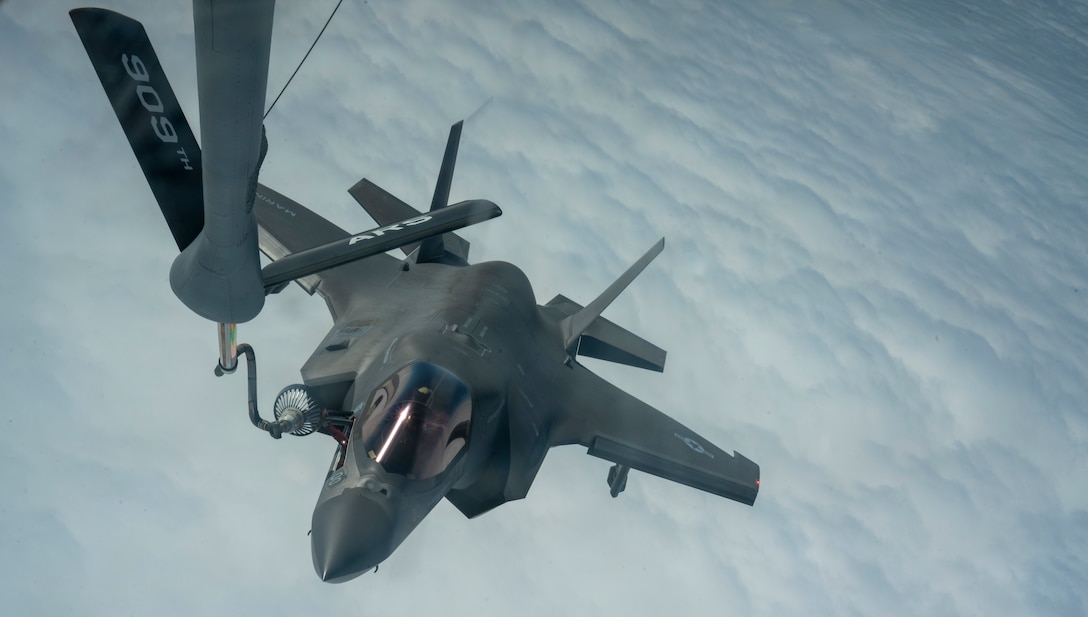 An F-35B Lightning II from the Marine Fighter Attack Squadron 121 gets refueled by a KC-135 Stratotanker from the 909th Air Refueling Squadron in support of Exercise Noble Fusion over the Pacific Ocean Feb. 4, 2022. Noble Fusion demonstrates that Navy and Marine Corps forward-deployed stand-in naval expeditionary forces can rapidly aggregate Marine Expeditionary Unit/Amphibious Ready Group teams at sea, along with a carrier strike group, joint forces and allies in order to conduct lethal sea-denial operations, seize key maritime terrain, guarantee freedom of movement, and create advantage for U.S., partner and allied forces. Naval Expeditionary forces conduct training in the Indo-Pacific throughout the year to maintain readiness.