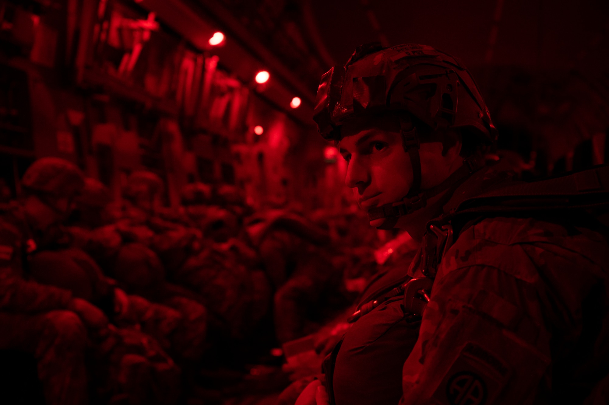 U.S. Army paratroopers assigned to the 82nd Airborne Division, Fort Bragg, North Carolina, wait for takeoff on a C-17 Globemaster III during Battalion Mass Tactical Week, or BMTW, at Pope Army Airfield, North Carolina, Feb. 3, 2022. BMTW is a joint exercise between the U.S. Air Force and      U.S. Army, which gives participants the ability to practice contingency operations in a controlled environment. (U.S. Air Force photo by Airman 1st Class Charles Casner)