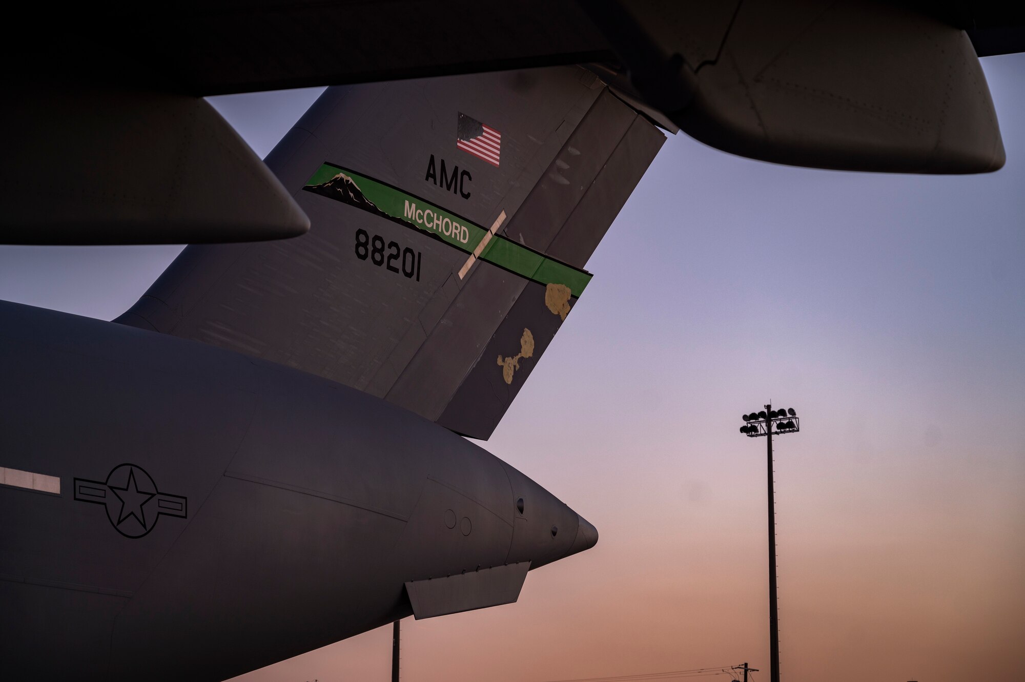 A C-17 Globemaster III assigned to Joint Base Lewis-McChord, Washington, prepares to takeoff at Pope Army Airfield, North Carolina, Feb. 1, 2022. Battalion Mass Tactical Week, or BMTW, is a week-long exercise between the U.S. Air Force and U.S. Army to enhance members’ abilities by practicing scenarios in a controlled environment. (U.S. Air Force photo by Airman 1st class Charles Casner)