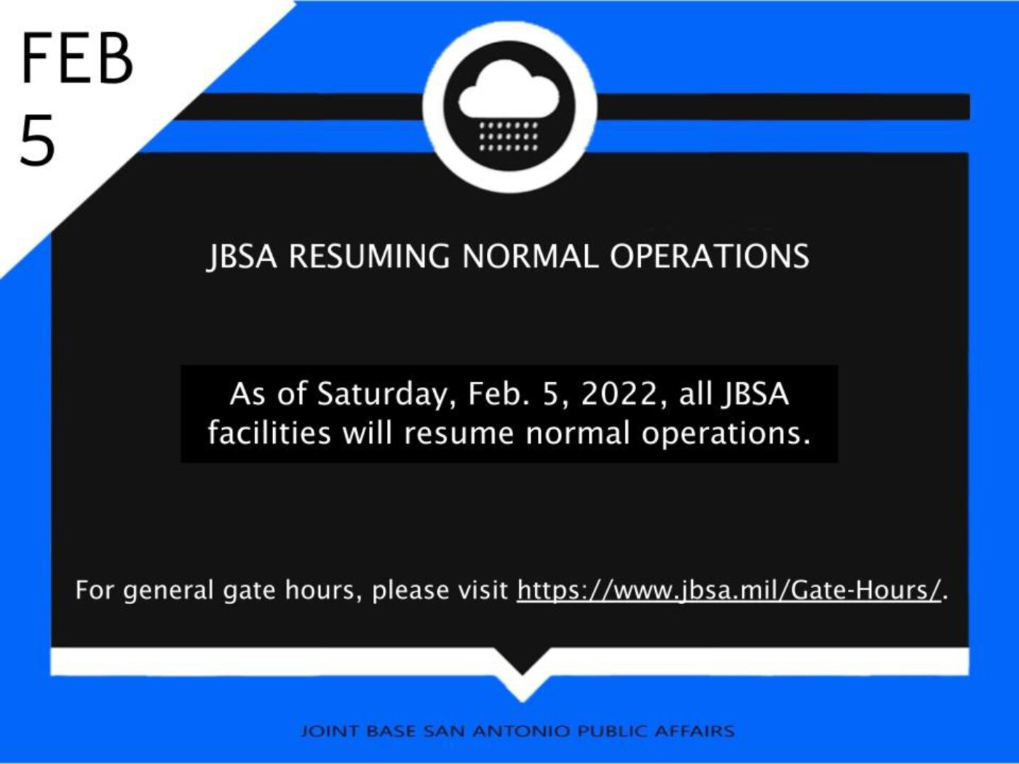 JBSA RESUMING NORMAL OPERATIONS