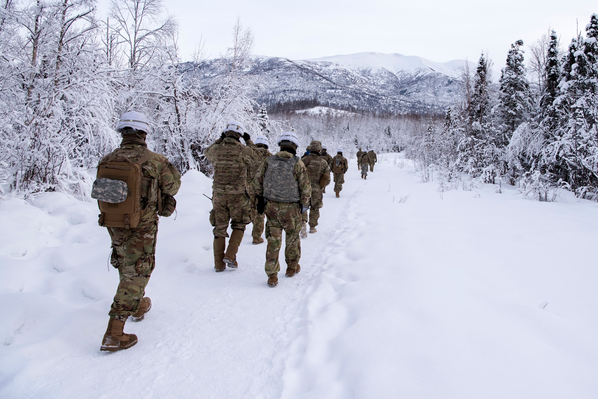 U.S. Army paratroopers assigned to A Troop, 1st Squadron (Airborne), 40th Cavalry Regiment, 4th Infantry Brigade Combat Team (Airborne), 25th Infantry Division, U.S. Army Alaska, proceed to the Light Infantry Collective Training Course on Joint Base Elmendorf-Richardson, Alaska, Feb. 2, 2022. Cavalry scouts conducted live-fire maneuver training which focused on eliminating simulated enemy positions through fire team movement. USARAK trains year-round to increase lethal combat support in an Arctic environment. (U.S. Air Force photo by Senior Airman Emily Farnsworth)
