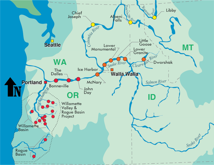 Map of the Northwestern DIvision's Hydropower Intern Program assignment locations,  Albeni Falls, Bonneville, Chief Joseph, The Dalles, Dworshak, Ice Harbor, John Day, Libby, Little Goose, Lower Granite, Lower Monumental, McNary, Rogue Basin, and Willamette Basin Hydropower Dams.
Throughout the Hydropower Internship Program, Interns are assigned to Lower Granite Dam but may rotate to work temporarily at any of these USACE hydropower dams in the Pacific Northwest. Upon successful completion of the Program, one of these projects will become a full-time assignment.
