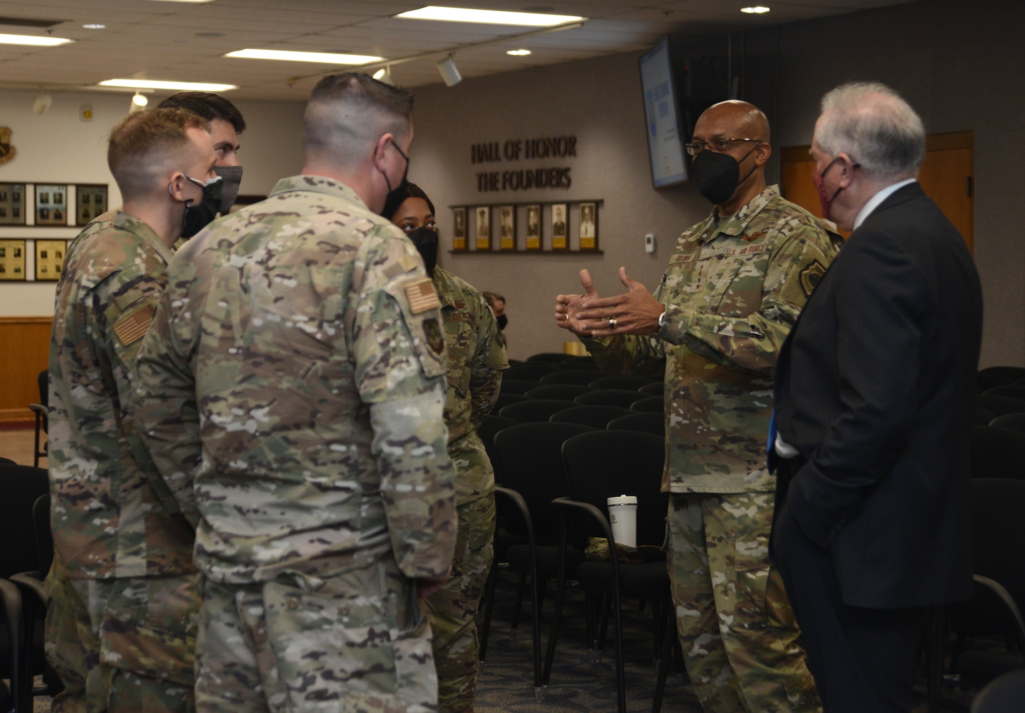 Sixteenth Air Force (Air Forces Cyber) Airmen speak with Secretary of the Air Force Frank Kendall and Air Force Chief of Staff Gen. CQ Brown, Jr., during their visit Feb. 2, 2022.