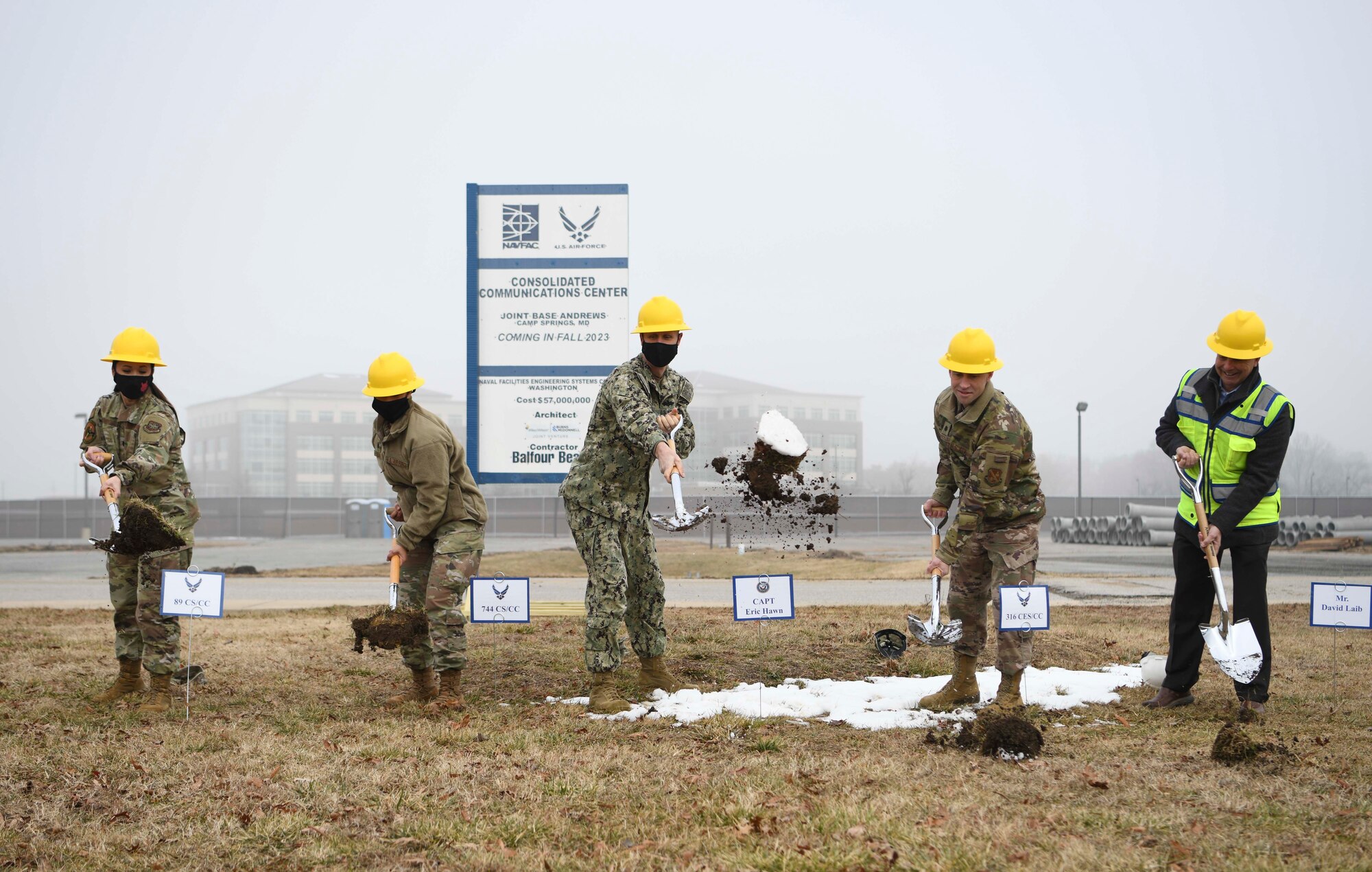 Honorees break ground for the new Consolidated Communications Center at Joint Base Andrews, Md., Feb. 2, 2022.