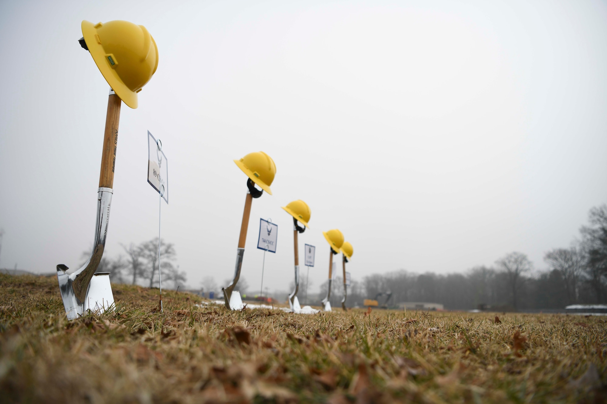 Shovels rest in the dirt prior to a groundbreaking ceremony at Joint Base Andrews, Md., Feb. 2, 2022.