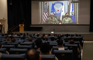 Airmen from the 8th Fighter Wing attend a virtual all-call with Air Force Chief of Staff Gen. CQ Brown, Jr. and Chief Master Sgt. of the Air Force JoAnne S. Bass at Kunsan Air Base, South Korea, Feb. 4, 2022. The leaders opened the end of the all-call up for a Q&A session in which they responded to topics such as dress and appearance standards and the future of artificial intelligence. (U.S. Air Force photo by Staff Sgt. Gabrielle Spalding)