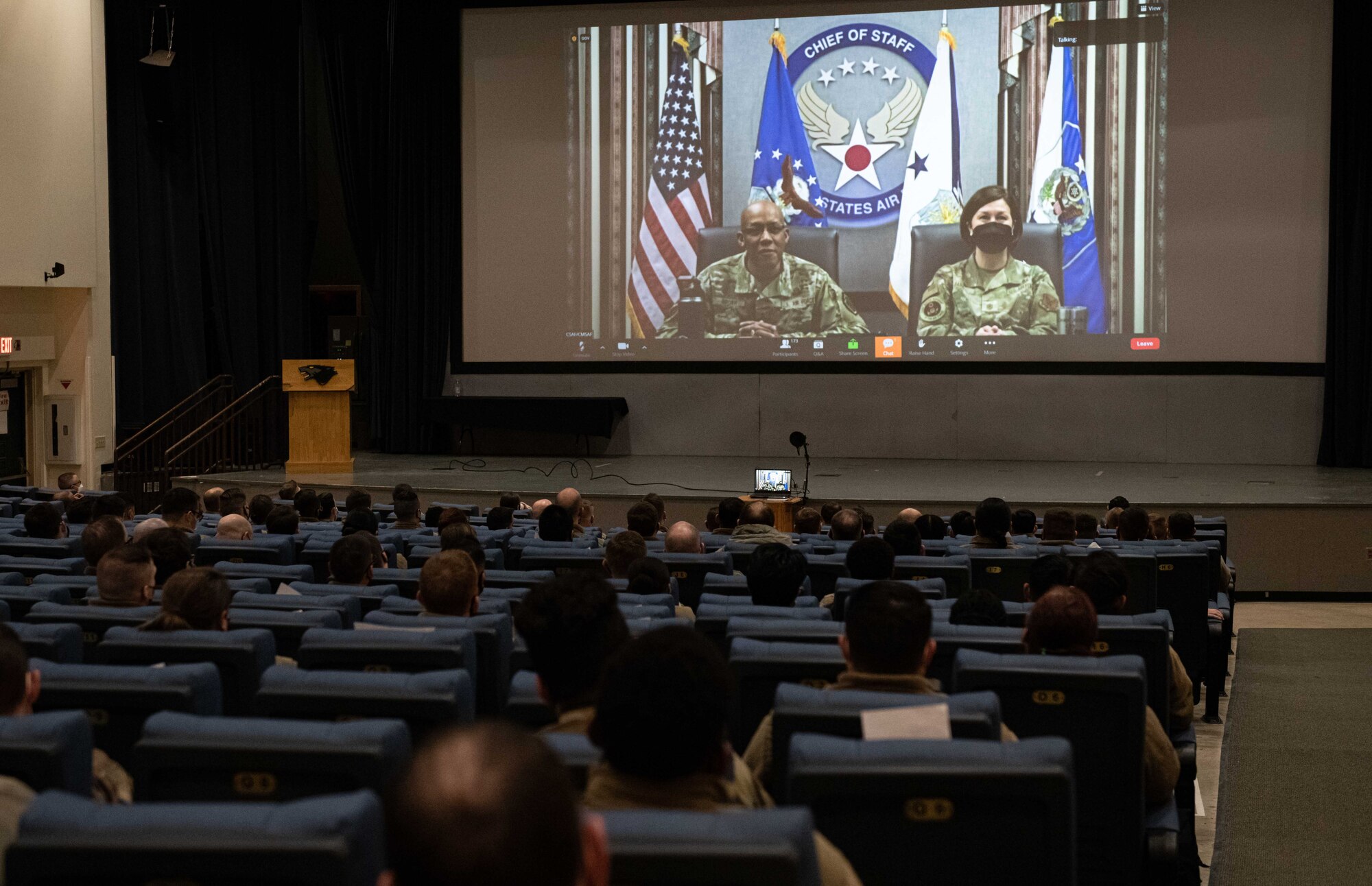 Airmen from the 8th Fighter Wing attend a virtual all-call with Air Force Chief of Staff Gen. Charles Q. Brown Jr.  and Chief Master Sgt. of the Air Force JoAnne S. Bass February 4 on Kunsan Air Base, Republic of Korea. The leaders opened the end of all-call up for a Q&A session where they responded to topics such as dress and appearance standards and the future of artificial intelligence. (U.S. Air Force photo by Staff Sgt. Gabrielle Spalding)