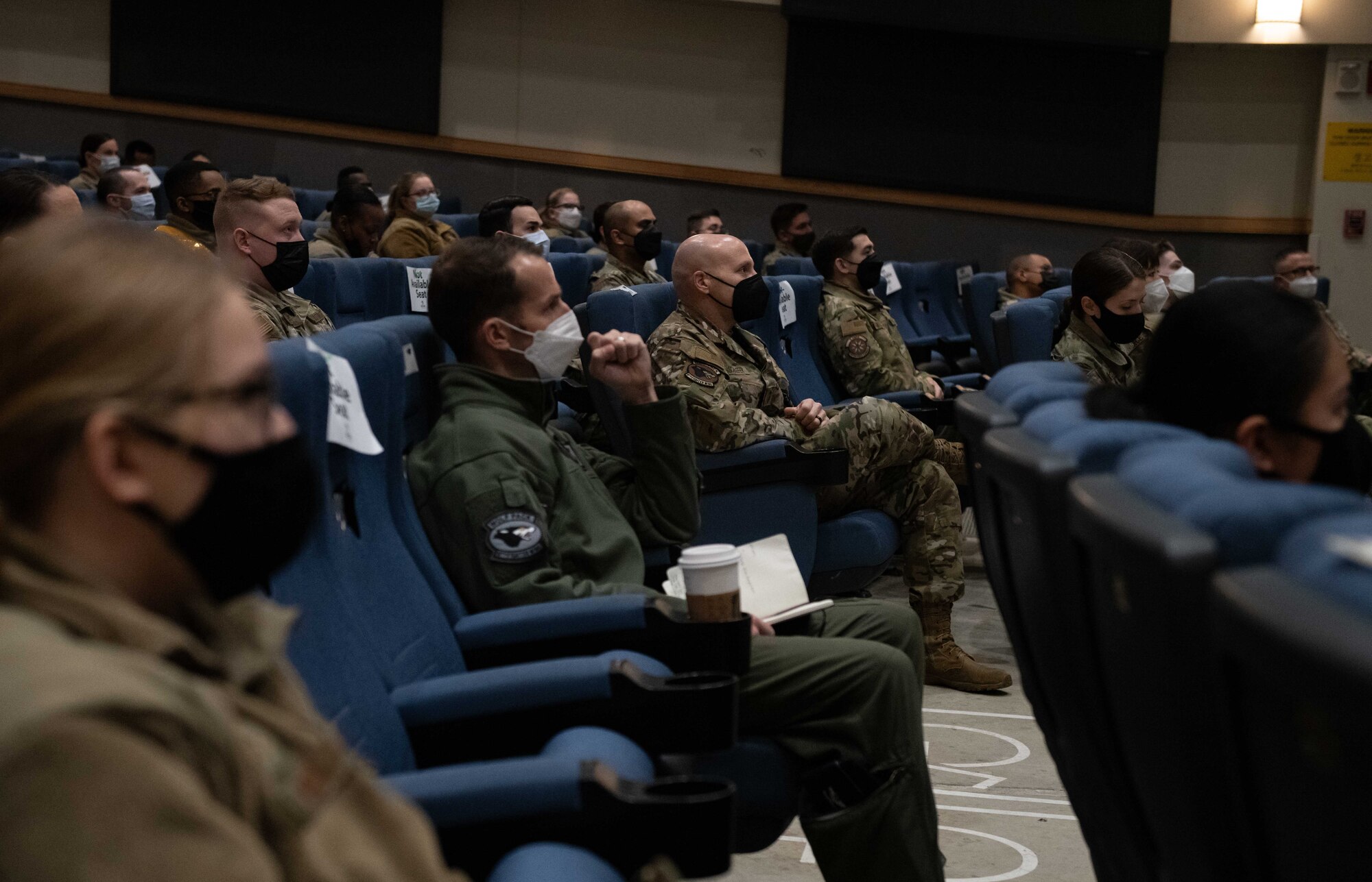 Airmen from the 8th Fighter Wing attend a virtual all-call with Air Force Chief of Staff Gen. Charles Q. Brown Jr. and Chief Master Sgt. of the Air Force JoAnne S. Bass February 4 on Kunsan Air Base, Republic of Korea. The all-call was open to Seventh Air Force members across the peninsula. (U.S. Air Force photo by Staff Sgt. Gabrielle Spalding)