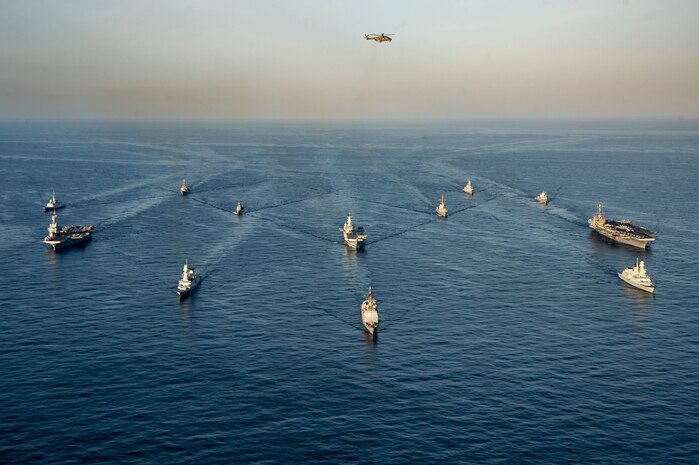 Elements of Carrier Strike Group (CSG) 8, the ITS Cavour Strike Group and the Charles de Gaulle Carrier Strike Group (TF 473) transit the Mediterranean Sea in formation, Feb. 6, 2022. The Harry S. Truman Carrier Strike Group is on a scheduled deployment in the U.S. Sixth Fleet area of operations in support of naval operations to maintain maritime stability and security, and defend U.S., allied and partner interests in Europe and Africa.