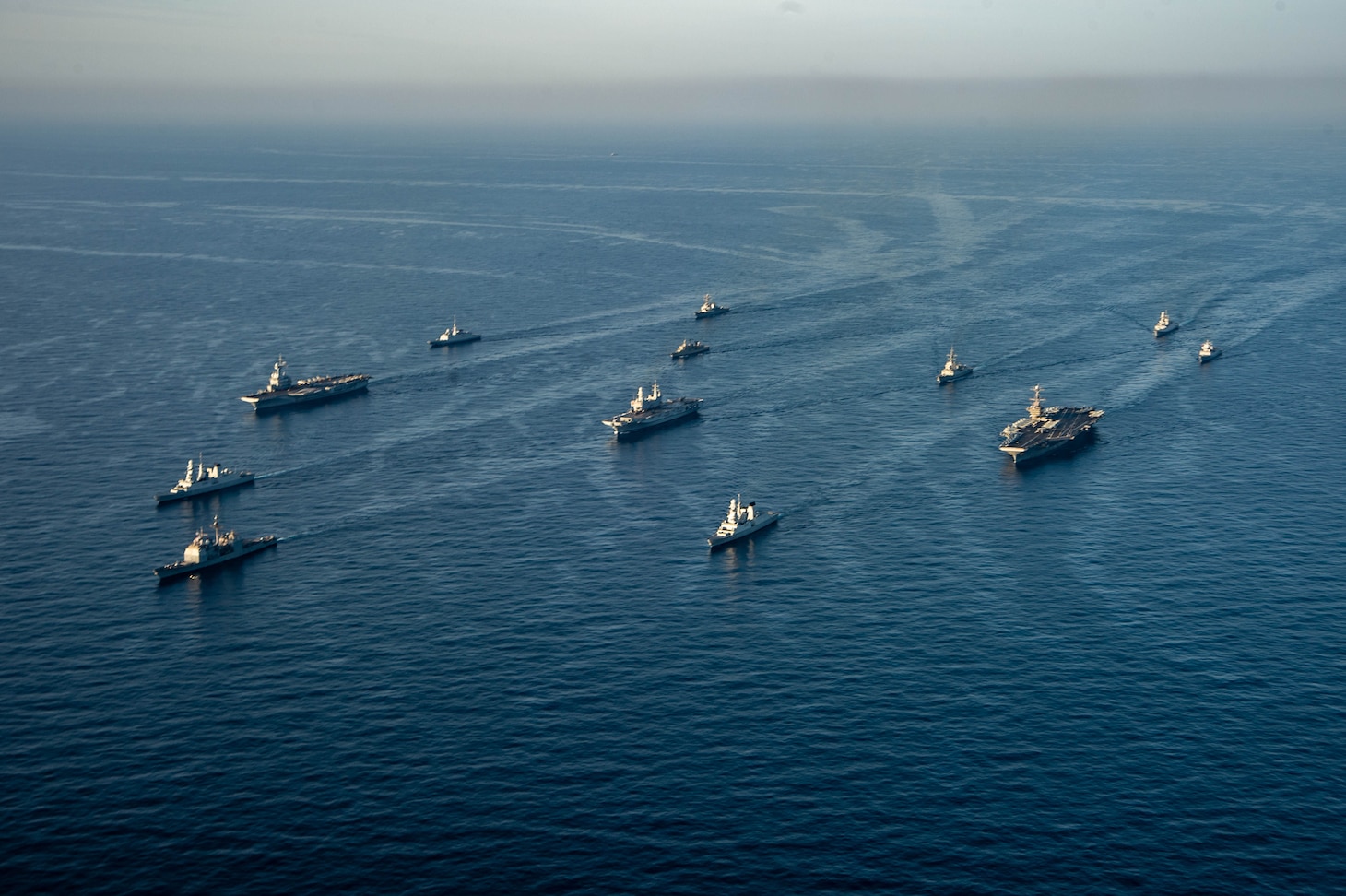 Elements of Carrier Strike Group (CSG) 8, the ITS Cavour Strike Group and the Charles de Gaulle Carrier Strike Group (TF 473) transit the Mediterranean Sea in formation, Feb. 6, 2022. The Harry S. Truman Carrier Strike Group is on a scheduled deployment in the U.S. Sixth Fleet area of operations in support of naval operations to maintain maritime stability and security, and defend U.S., allied and partner interests in Europe and Africa.