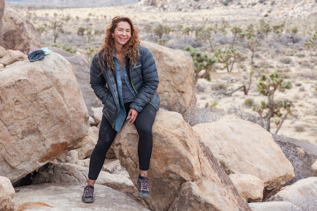 U.S. Marine Corps veteran Jessica Quezada poses for a photo during a LiboRisk event at Joshua Tree National Park, Joshua Tree, California, Jan. 29, 2022. Quezada is the founder of LiboRisk, a travel community that brings active duty and veteran service members together to further build camaraderie outside the military and expose attendees to new, positive experiences. (U.S. Marine Corps photo by Staff Sgt. Kelsey Dornfeld)