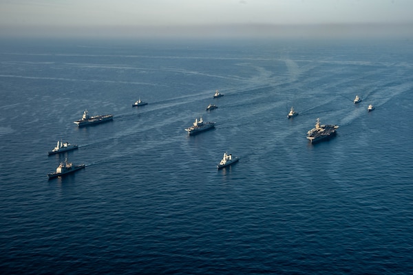 Elements of Carrier Strike Group (CSG) 8, the ITS Cavour Strike Group and the Charles de Gaulle Carrier Strike Group (TF 473) transit the Mediterranean Sea in formation, Feb. 6, 2022. The Harry S. Truman Carrier Strike Group is on a scheduled deployment in the U.S. Sixth Fleet area of operations in support of naval operations to maintain maritime stability and security, and defend U.S., allied and partner interests in Europe and Africa.