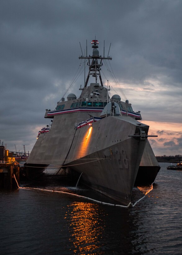 BRUNSWICK, Ga., (Feb. 5, 2022) The Independence-variant littoral combat ship USS Savannah (LCS 28) pierside in Brunswick before their commissioning ceremony