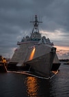 BRUNSWICK, Ga., (Feb. 5, 2022) The Independence-variant littoral combat ship USS Savannah (LCS 28) pierside in Brunswick before their commissioning ceremony