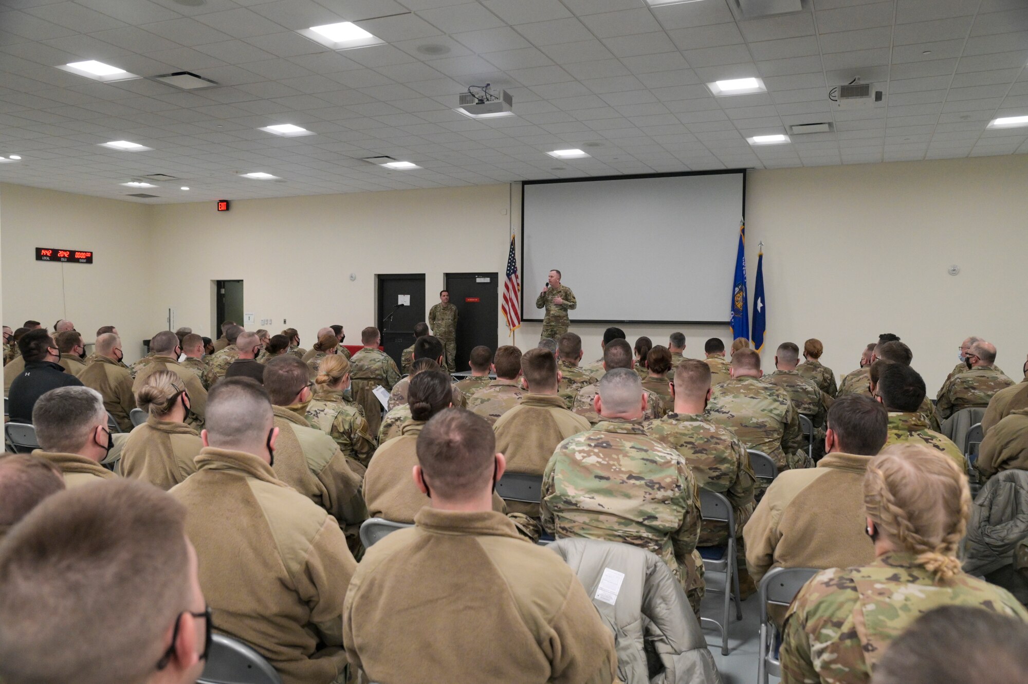 U.S. Air Force Brig. Gen. David May, deputy adjutant general for the Wisconsin Air National Guard, gives closing remarks to Airmen assigned to the 115th Fighter Wing during the annual awards ceremony at Truax Field, Madison, Wisconsin, Feb. 5, 2022. The 115th Fighter Wing holds an annual awards ceremony to recognize the achievements of unit members.