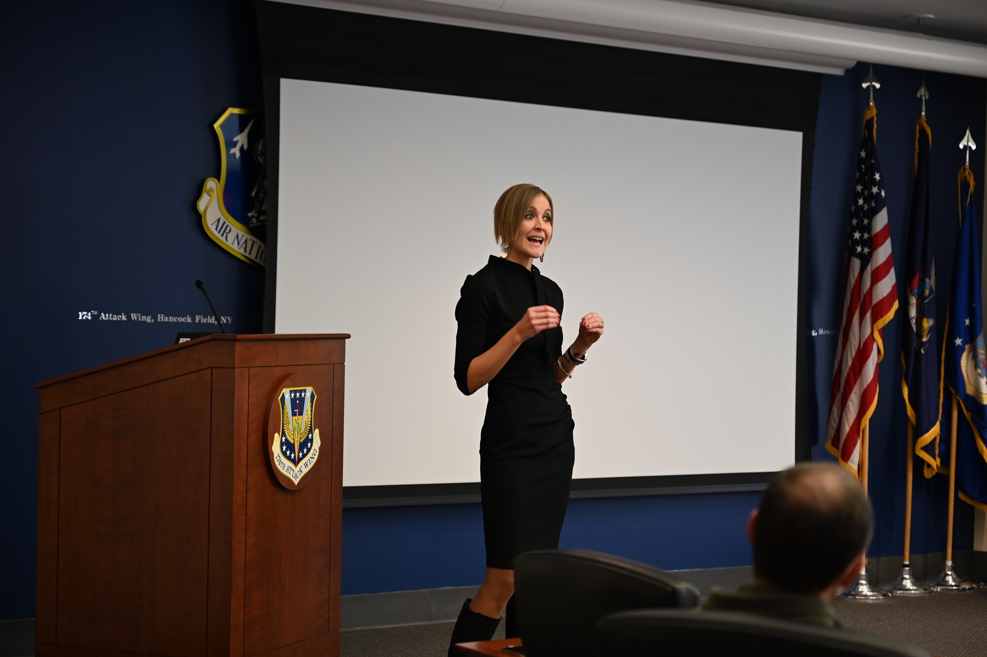 Liz Green, Executive Director of Online Student Success, speaks to members of the 174th Attack Wing during a presentation at Hancock Field Air National Guard Base February 6. The presentation highlighted educational benefits for 174th Attack Wing members. (Air National Guard photo by Staff Sgt. Duane Morgan)