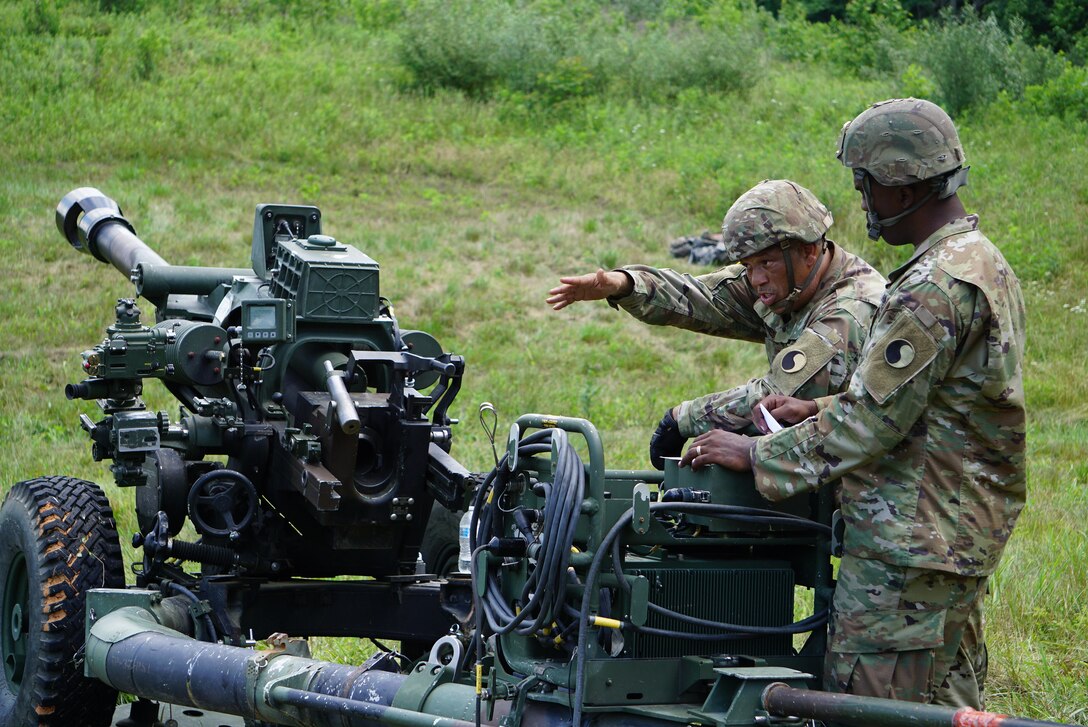 Virginia National Guard Soldiers assigned to the Norfolk-based 1st Battalion, 111th Field Artillery Regiment, 116th Infantry Brigade Combat Team conduct training June 5, 2021, at Fort Pickett, Virginia, to prepare for a live-fire exercise scheduled during August annual training. (U.S. National Guard photo by Maj. Ben Melin)