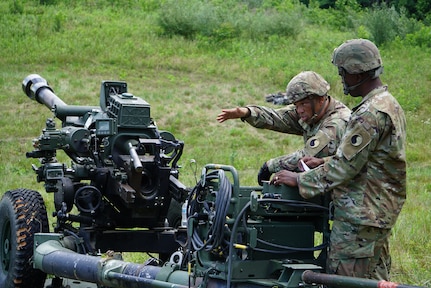 Virginia National Guard Soldiers assigned to the Norfolk-based 1st Battalion, 111th Field Artillery Regiment, 116th Infantry Brigade Combat Team conduct training June 5, 2021, at Fort Pickett, Virginia, to prepare for a live-fire exercise scheduled during August annual training. (U.S. National Guard photo by Maj. Ben Melin)