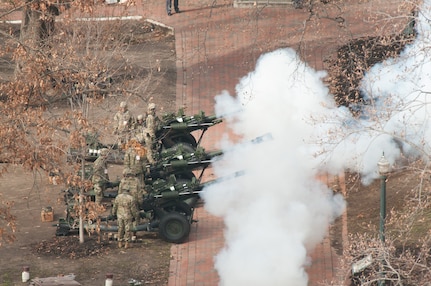 Virginia National Guard Soldiers assigned to the Hanover-based Alpha Battery, 1st Battalion, 111th Field Artillery Regiment, 116th Infantry Brigade Combat Team fire a ceremonial 19-gun salute with M119A3 105mm howitzers at the inauguration of Dr. Ralph Northam as the 73rd Governor of Virginia Jan. 13, 2018, in Richmond, Virginia. (U.S. Air National Guard photo by Senior Airman Bryan Myhr)