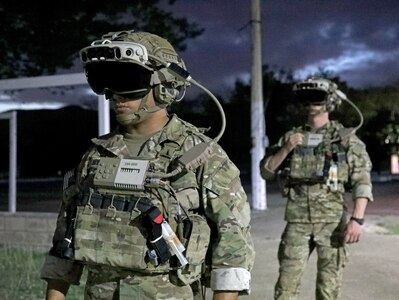 Rangers from 3rd Battalion, 75th Ranger Regiment participate in new equipment training on the IVAS Capability Set 4 during tropical weather testing in Camp Santiago, Puerto Rico, in March 2021.