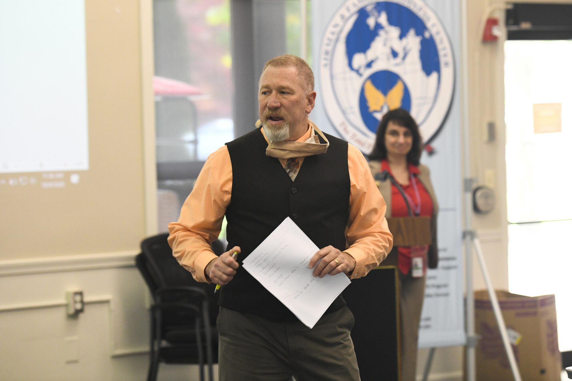 Jim Naughton, the director of Youngstown Air Reserve Station’s Airman and family readiness office, introduces the speaker for the first Lunch and Learn event here, Oct. 4, 2020.