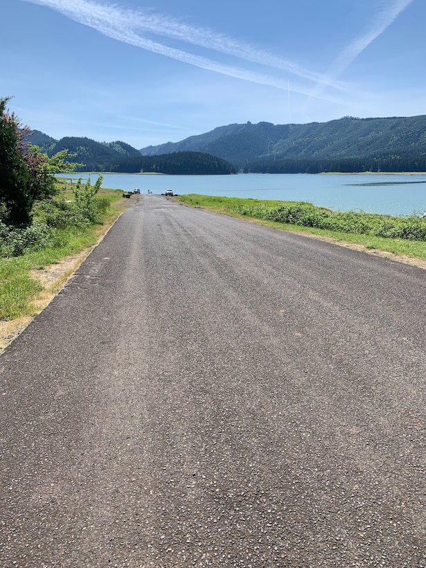 North Shore Park boat ramp leads down to Fall Creek Reservoir, which was at 808 ft. elevation, May 5, 2021. U.S. Army Corps of Engineers water managers will hold the reservoir to  700 ft. above sea level until mid-March and then refill and hold at 728 ft. through May (80 ft. below image shown). This may eliminate use of two boat ramps for use, Cascara and Winberry; however, North Shore may be available. Corps staff is unsure of how that will impact camping opportunities. (U.S. Army Photo by Tom Conning)
