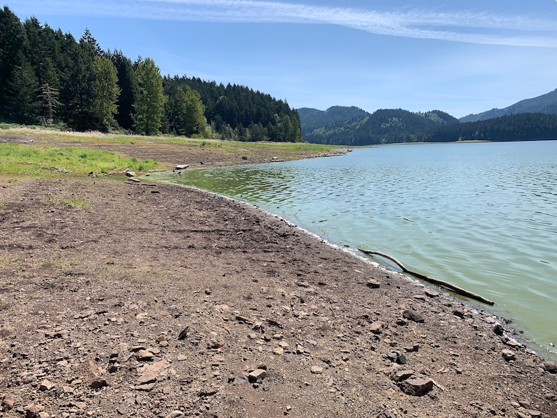 Fall Creek Reservoirs water elevations were at 808 ft. elevation, May 5, 2021. U.S. Army Corps of Engineers water managers will hold the reservoir to  700 ft. above sea level until mid-March and then refill and hold at 728 ft. through May (80 ft. below image shown). This may eliminate use of two boat ramps for use, Cascara and Winberry; however, North Shore may be available. Corps staff is unsure of how that will impact camping opportunities. (U.S. Army Photo by Tom Conning)