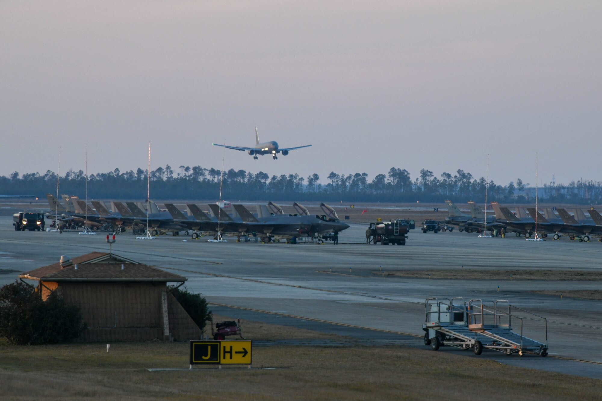 A KC-46 Pegasus approaches the flight line on Tyndall Air Force Base, Florida, Jan. 28, 2022. The KC-46 has many operational capabilities including transporting large amounts of cargo and passengers, as well as air refueling. (U.S. Air Force photo by Airman 1st Class Trenton Jancze)