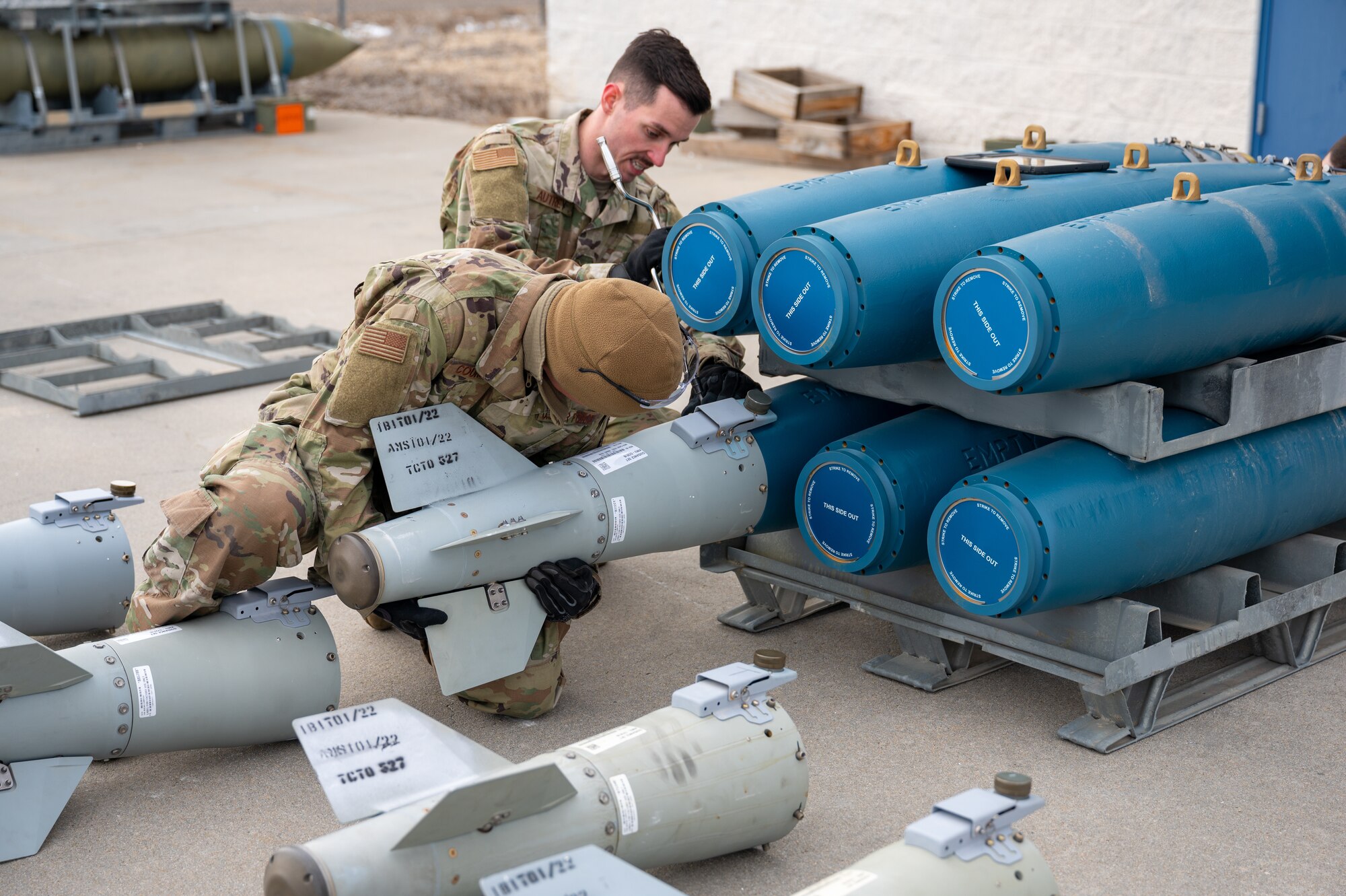 Members of the 124th Maintenance Squadron’s munition systems specialists implemented agile combat employment concepts while attempting to build Joint Direct Attack Munition GBU-38’s directly on a pallet, February 2, 2022 at Gowen Field in Boise, Idaho. ACE is described by Air Force Chief of Staff Gen. Charles Q. Brown Jr., as “a proactive and reactive operational scheme of maneuver to increase survivability while generating combat power throughout the integrated deterrence continuum.” (U.S. Air National Guard photo by Staff Sgt. Mercedee Wilds)