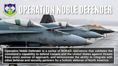 Operation Noble Defender is a series of NORAD operations that validates the command’s capability to defend Canada and the United States against threats from every avenue of approach, and demonstrate the ability to integrate with other defense and security partners for a holistic defense of North America.