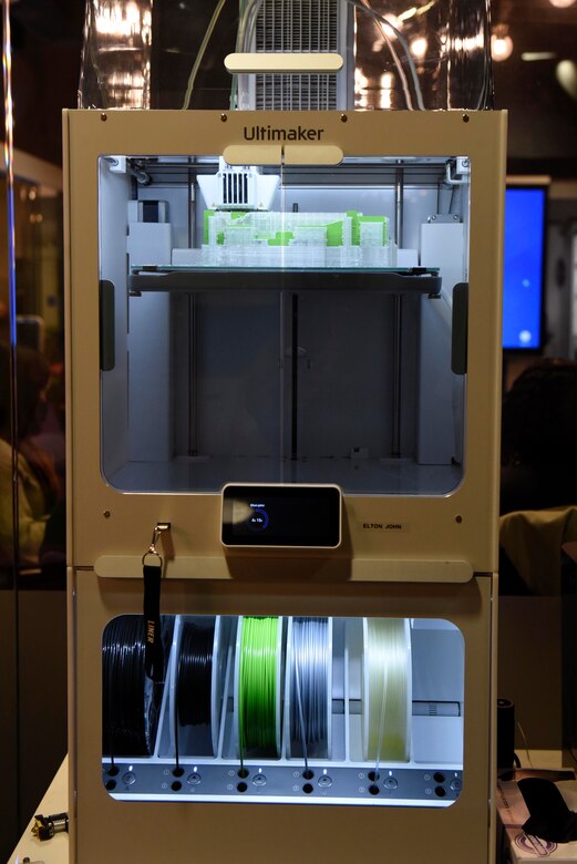 A 3-D printer stands ready to create a new structure designed by SparkX Cell, at Joint Base Andrews, Md., Feb. 3, 2022.