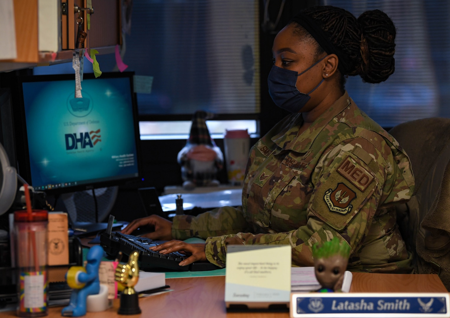 U.S. Air Force Tech. Sgt. Latasha Smith, 86th Operational Medical Readiness Squadron warrior medicine clinic flight chief, manages patient schedules at Ramstein Air Base, Germany, Feb. 1, 2022. Smith oversees operations for 26 staff members that render comprehensive care for approximately 8,000 active duty service members, supporting 175 units and three wings.
(U.S. Air Force photo by Airman 1st Class Jared Lovett)