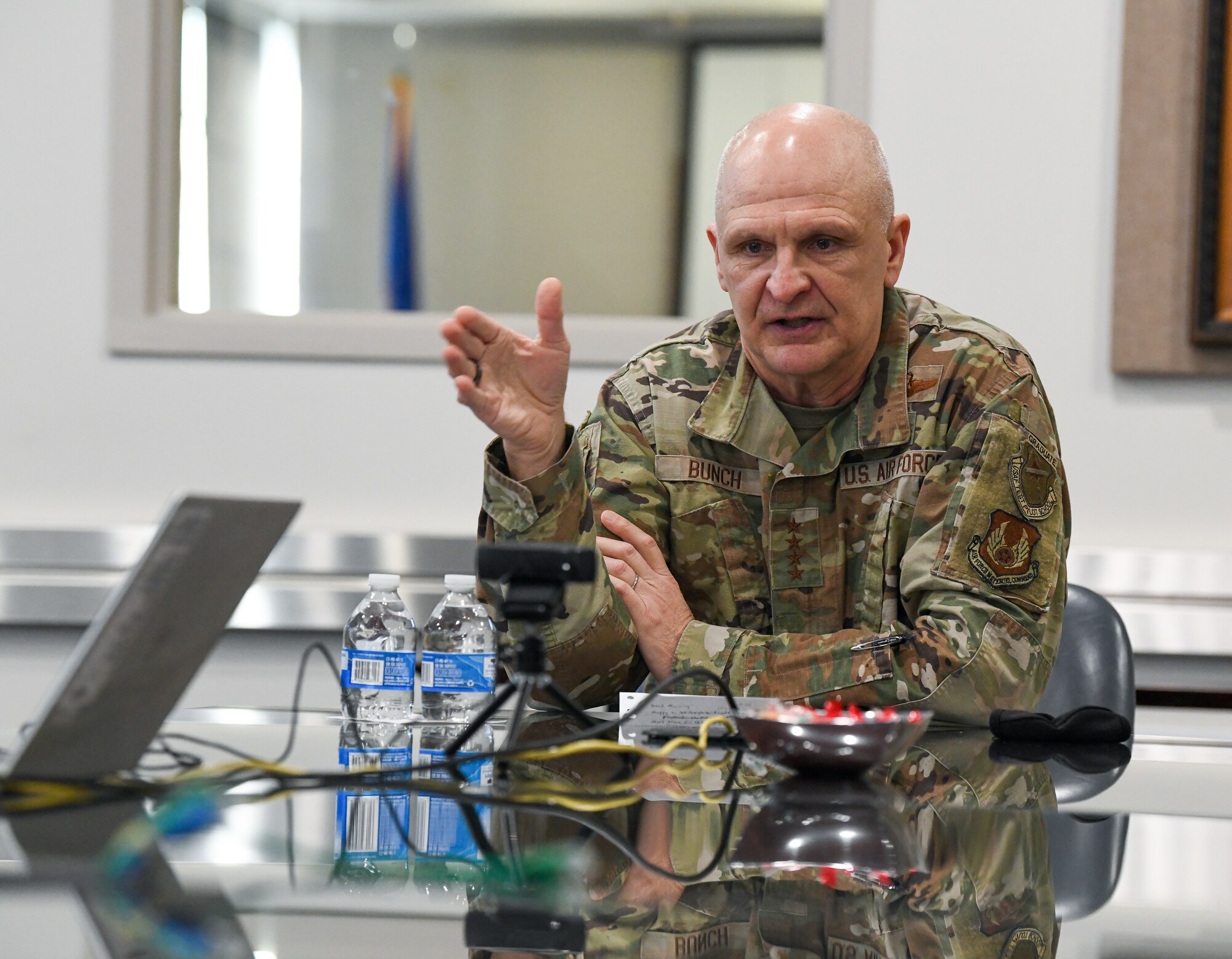 Gen. Arnold W. Bunch Jr., commander, Air Force Materiel Command, addresses members of the Arnold Engineering Development Complex (AEDC) workforce during a virtual town hall while visiting Arnold Air Force Base, Tenn., headquarters of AEDC, Jan. 27, 2022. (U.S. Air Force photo by Jill Pickett)
