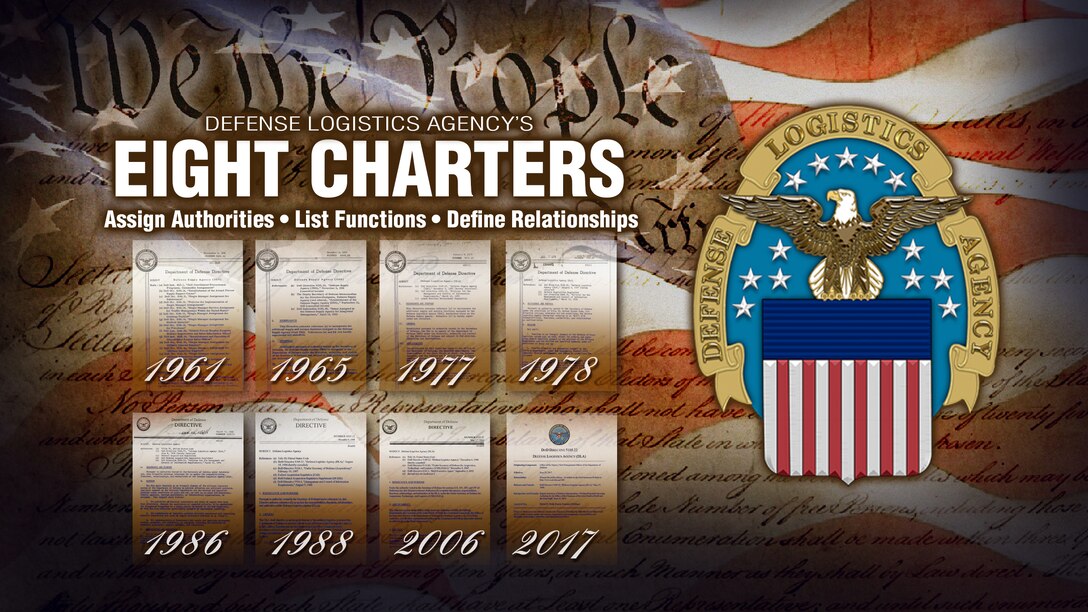Graphic with the DLA logo, text and eight document in front of the US flag.