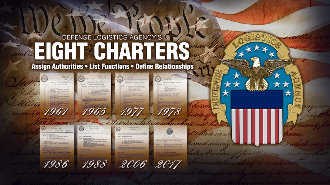 Graphic with the DLA logo, text and eight document in front of the US flag.