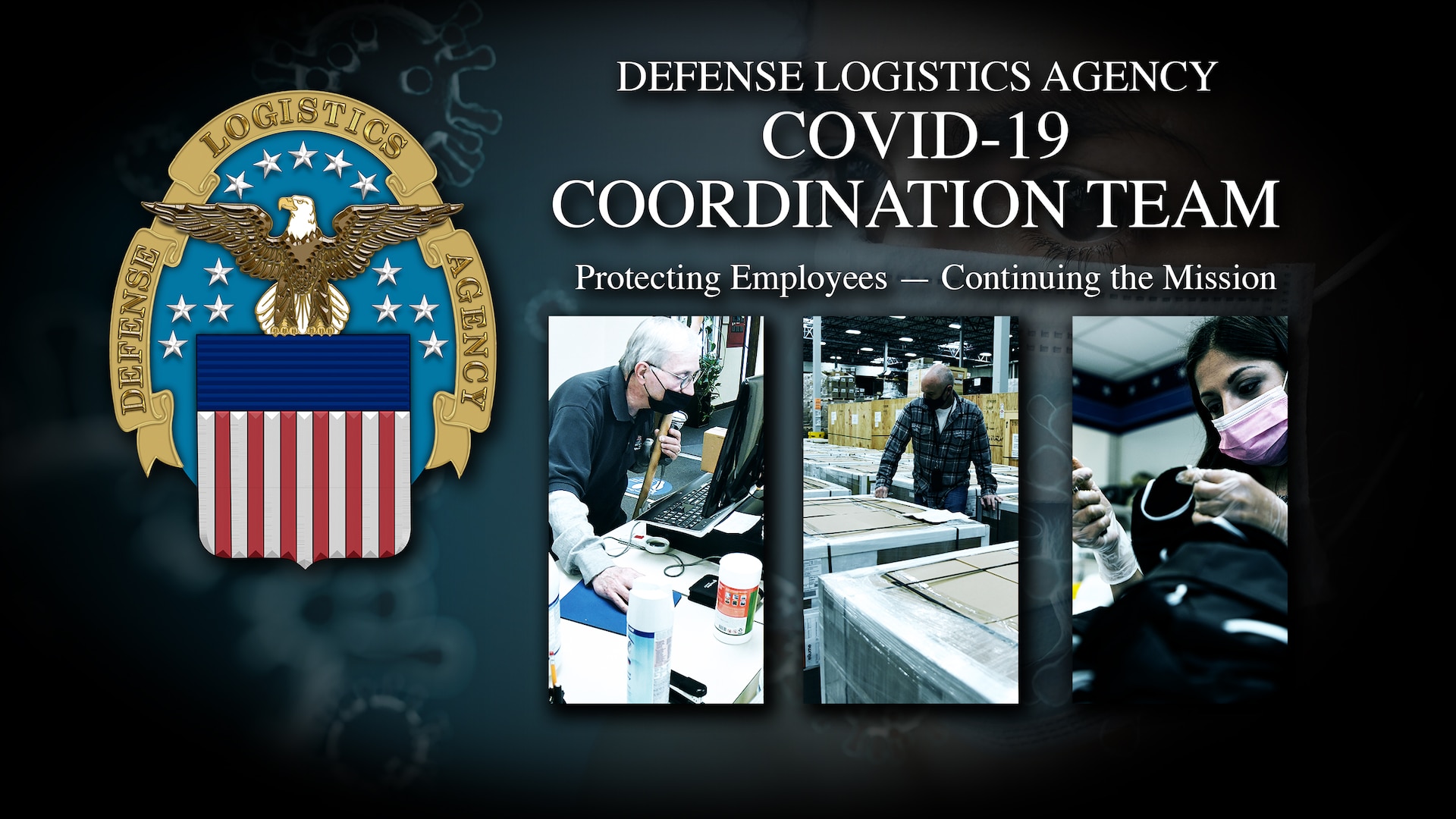 Graphic with text, DLA logo and a collage of pictures depicting people handling boxes, masks, etc.