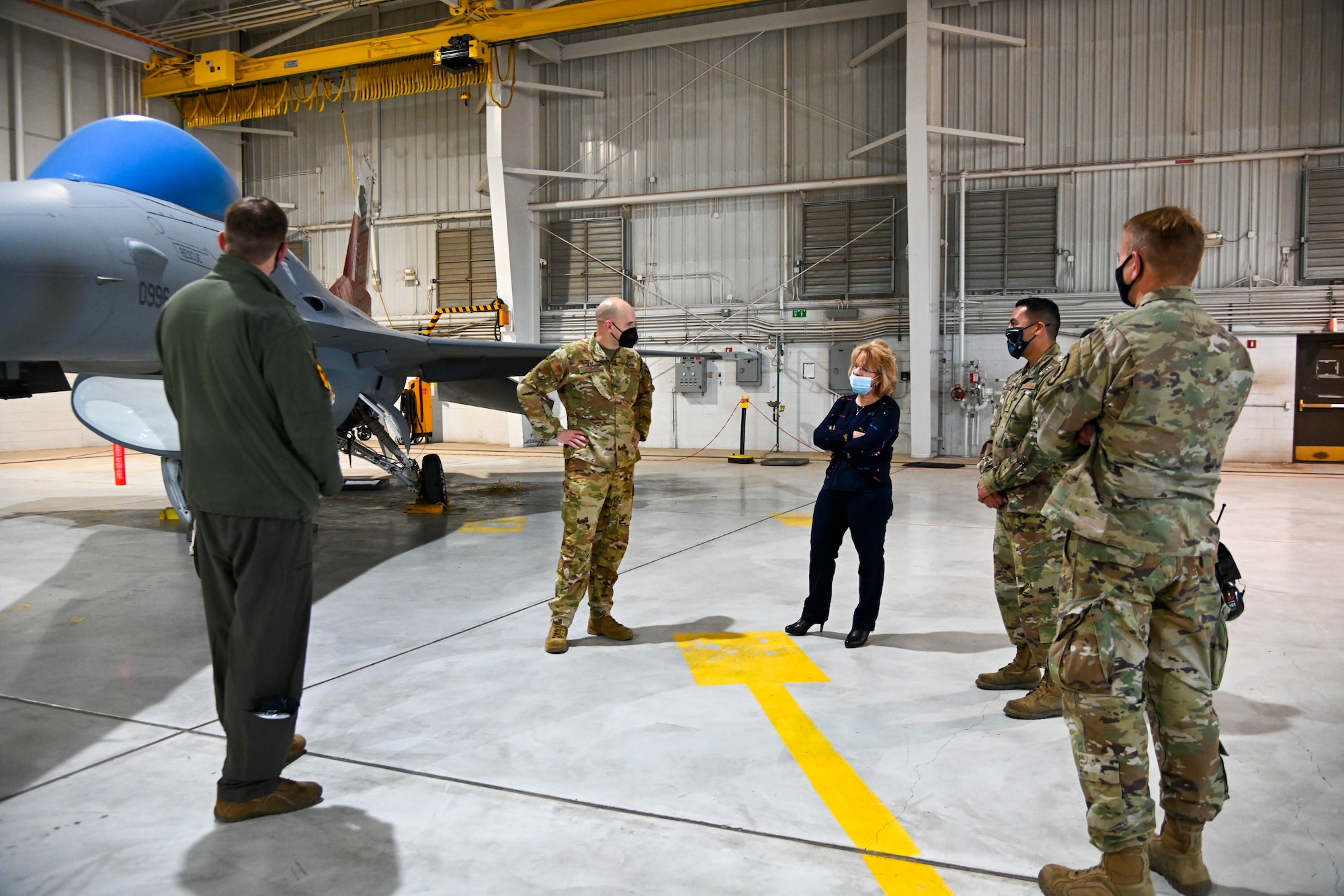Susan Payne, mayor of Alamogordo, New Mexico, visits a 49th Maintenance Group hangar, Feb. 7, 2022, on Holloman Air Force Base, New Mexico. During the visit, Payne also visited the 704th Test Group and the 49th Operations Group. (U.S. Air Force photo by Airman 1st Class Jessica Sanchez-Chen)