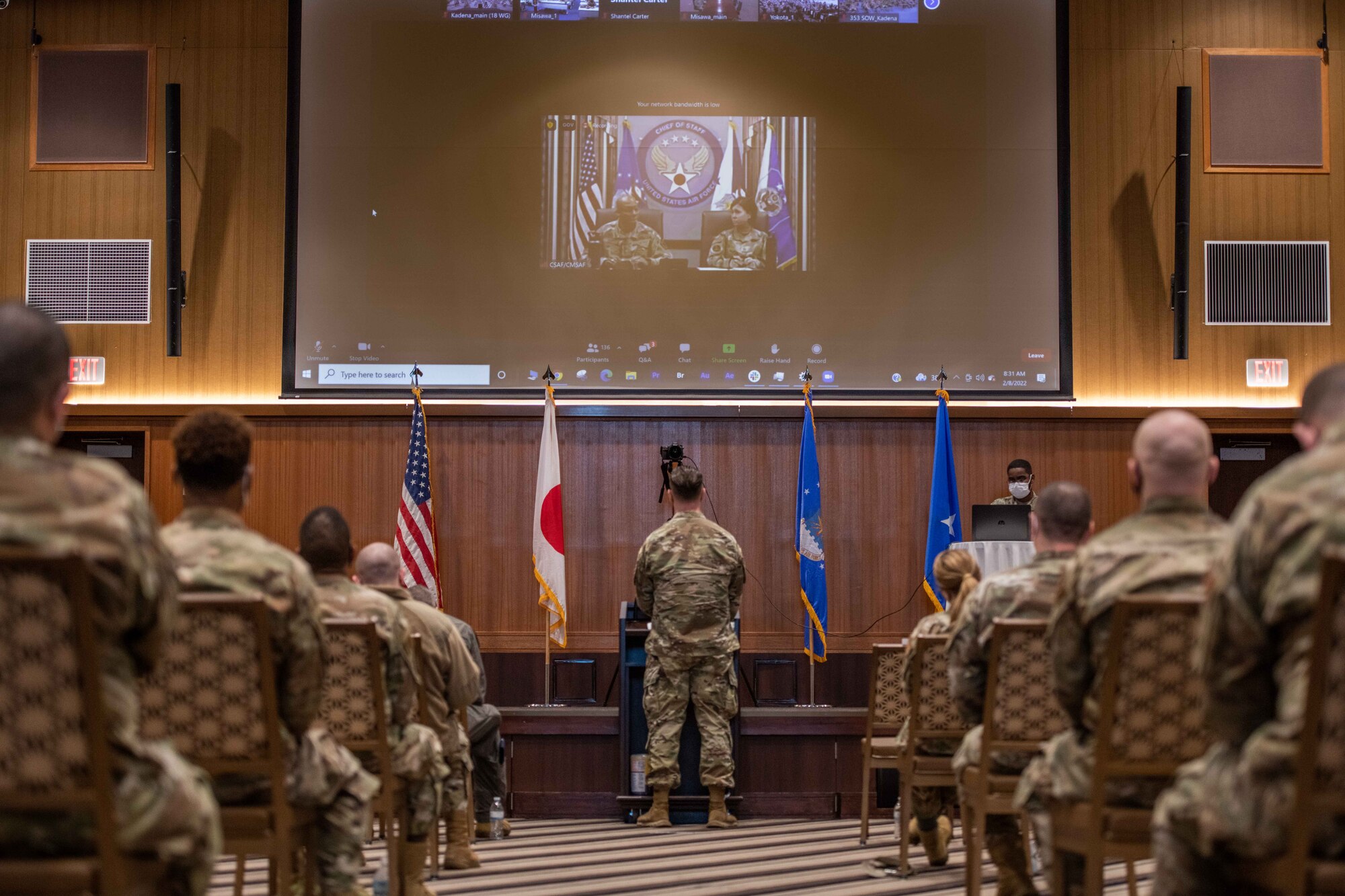 Tech. Sgt Micoulley Kendall, 718th Force Support Squadron postmaster asks a question during the Q&A portion of the virtual all-call hosted by Air Force Chief of Staff Gen. CQ. Brown, Jr., and Chief Master Sgt. of the Air Force JoAnne S. Bass at Kadena Air Base, Japan, Feb. 8, 2022. During the all-call, Gen. Brown and Chief Bass spoke about modernizing the Air Force, investing in and empowering Airmen, and preparing to tackle new warfighting domains of space and cyberspace. (U.S. Air Force photo by Airman 1st Class Cesar J. Navarro)