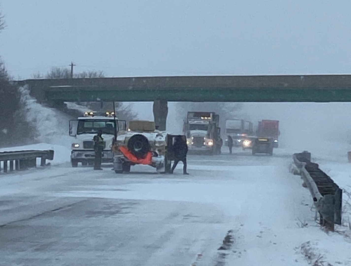 Soldiers from the Illinois Army National Guard’s Troop A, 2nd Battalion, 106th Cavalry Regiment, based in Pontiac, assist the Illinois State Police during winter weather response operations Feb. 3 in the Champaign area.