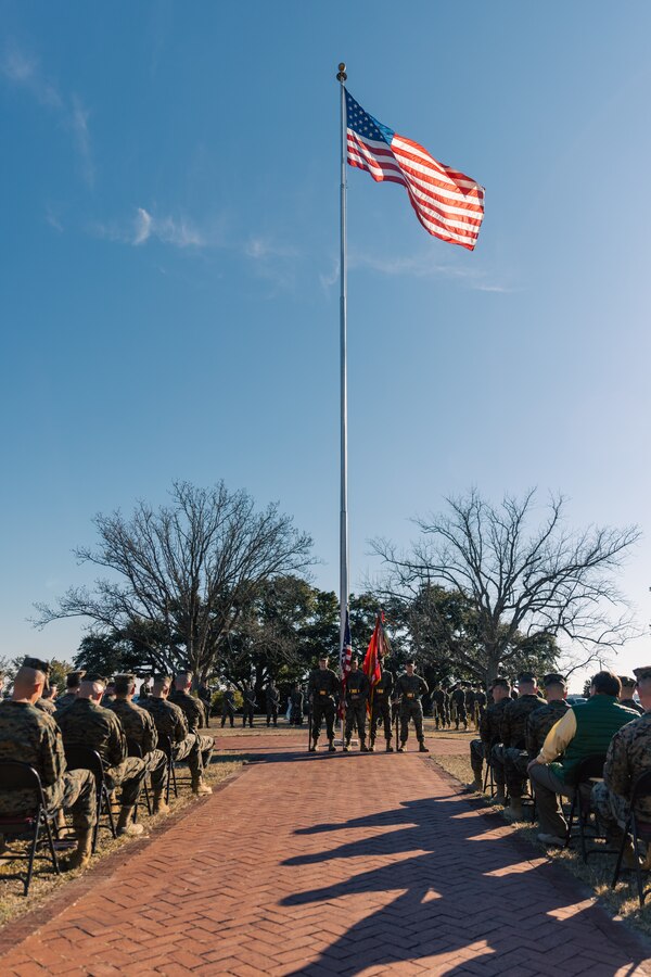 U.S. Marines with Headquarters Battalion, 2d Marine Division (MARDIV), present the colors during the 81st birthday ceremony for 2d MARDIV on Camp Lejeune, North Carolina, Feb. 1, 2022.