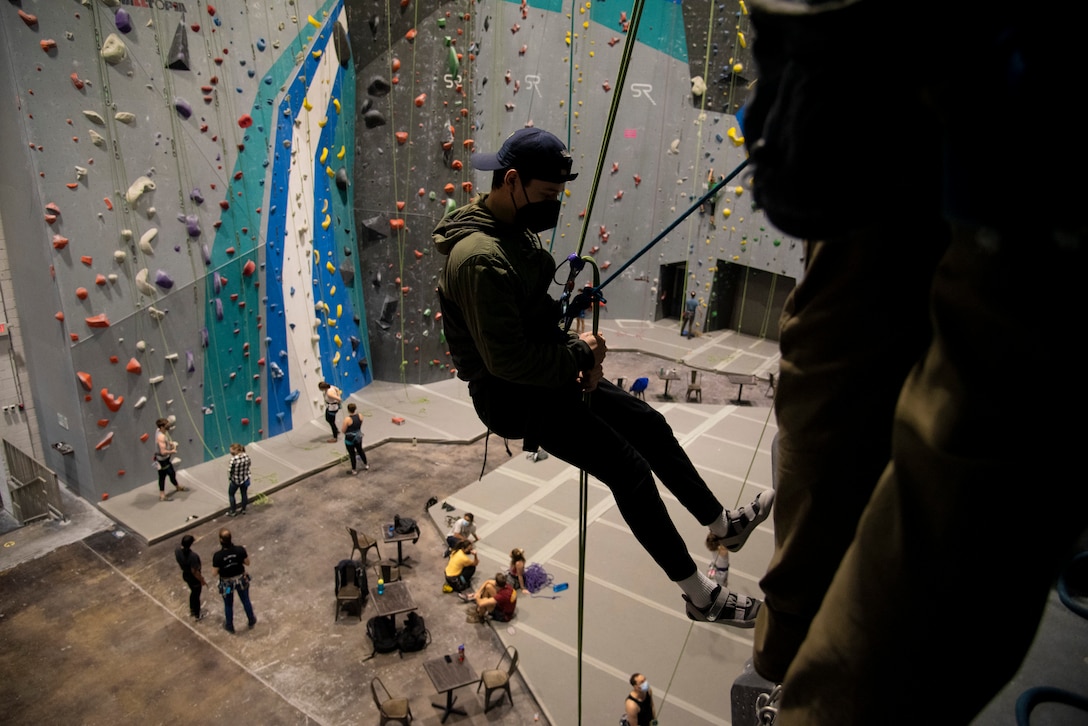 Wounded, ill and injured service members and veterans participate in a rock climbing class at Sport Rock in Alexandria, Virginia on January 23, 2022.