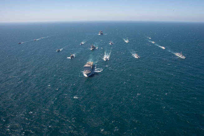 ARABIAN GULF (Feb. 9, 2022) Ships from partner nations of Combined Task Force North participate in a photo exercise during International Maritime Exercise/Cutlass Express (IMX/CE) 2022 in the Arabian Gulf, Feb. 9. IMX/Cutlass Express 2022 is the largest multinational training event in the Middle East, involving more than 60 nations and international organizations committed to enhancing partnerships and interoperability to strengthen maritime security and stability. (U.S. Navy photo by Mass Communication Specialist 1st Class Anita Chebahtah)