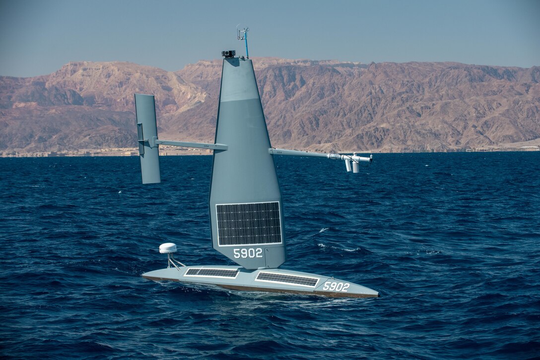GULF OF AQABA (Feb. 6, 2022) A Saildrone Explorer unmanned surface vessel sails in the Gulf of Aqaba during International Maritime Exercise/Cutlass Express 2022. IMX/Cutlass Express 2022 is the largest multinational training event in the Middle East, involving more than 60 nations and international organizations committed to enhancing partnerships and interoperability to strengthen maritime security and stability. (U.S. Navy photo by Mass Communication Specialist 2nd Class Dawson Roth)