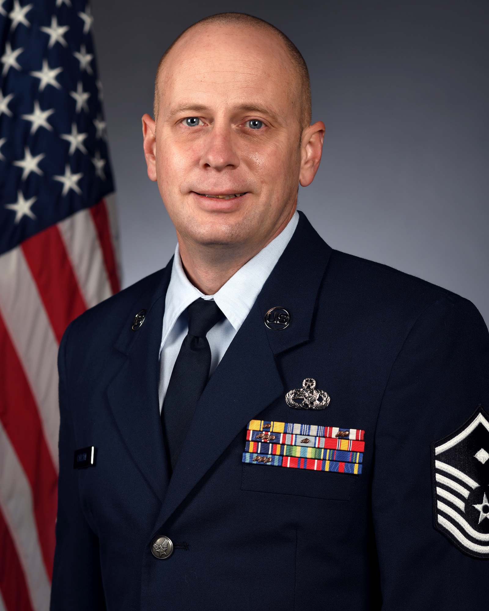 Official Air Force photo for Master Sgt. Jeff Carlson. Carlson is the 131st Bomb Wing's 2022 Outstanding First Sergeant of the Year. (U.S. Air Force photo by Airman 1st Class Victoria Hommel)