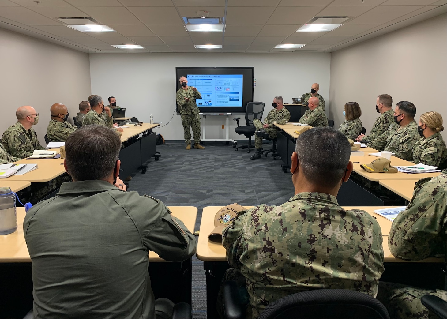 ice Chief of Naval Operations Adm. Bill Lescher speaks with command triads from across the San Diego area about Get Real, Get Better principles.