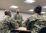 ice Chief of Naval Operations Adm. Bill Lescher speaks with command triads from across the San Diego area about Get Real, Get Better principles.